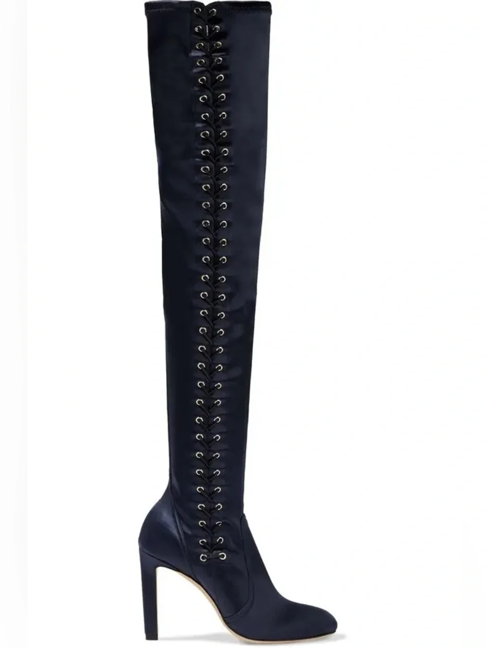 NEW Jimmy Choo Marie 100 Navy Satin Lace Up Over The Knee Boots 35 US 5